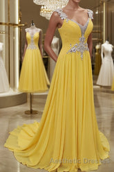 A-Line/Princess Straps Sweep Train Chiffon Evening Prom Dresses With Beading
